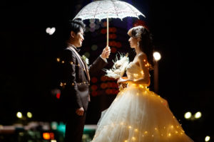 前撮りをどう進めるか悩む新郎新婦の撮影風景