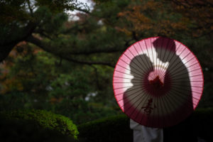 福岡・大濠公園日本庭園で、和装の新郎新婦が特注の和傘を使い、逆光でシルエットとして撮影された前撮り写真 撮影：スーパーカメラマン大川さん