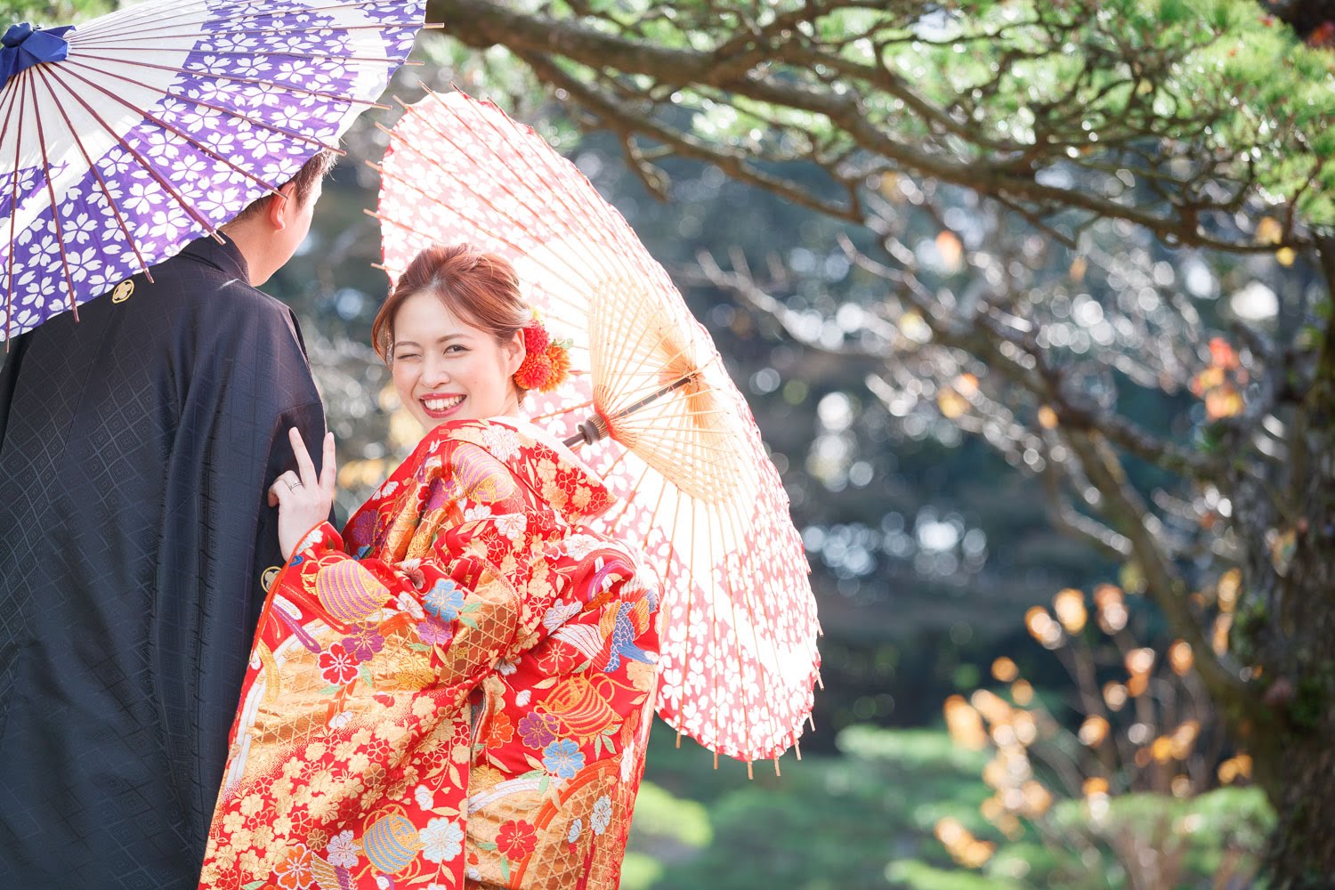 大濠公園日本庭園 和装前撮り 色打掛 和傘 新緑 ロケーション撮影 福岡