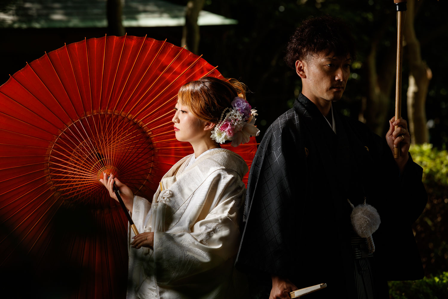 友泉亭公園 和装前撮り 白無垢 紋付袴 和傘 ドラマチック ロケーション撮影 福岡