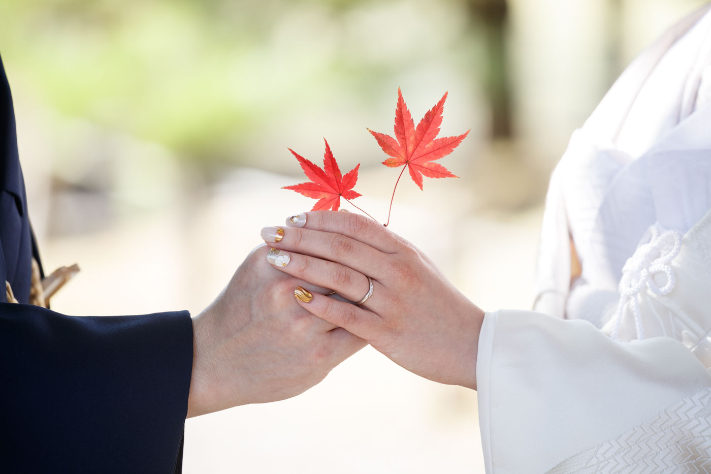 大濠公園日本庭園 和装前撮り 白無垢 紅葉 手元カット ロケーション撮影