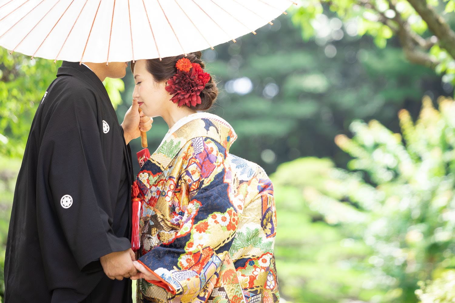 大濠公園日本庭園 和装前撮り 色打掛 紋付袴 和傘 ロケーション撮影 福岡