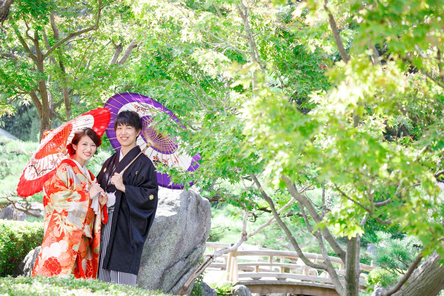 大濠公園日本庭園 和装前撮り 色打掛 紋付袴 和傘 新緑 ロケーション撮影