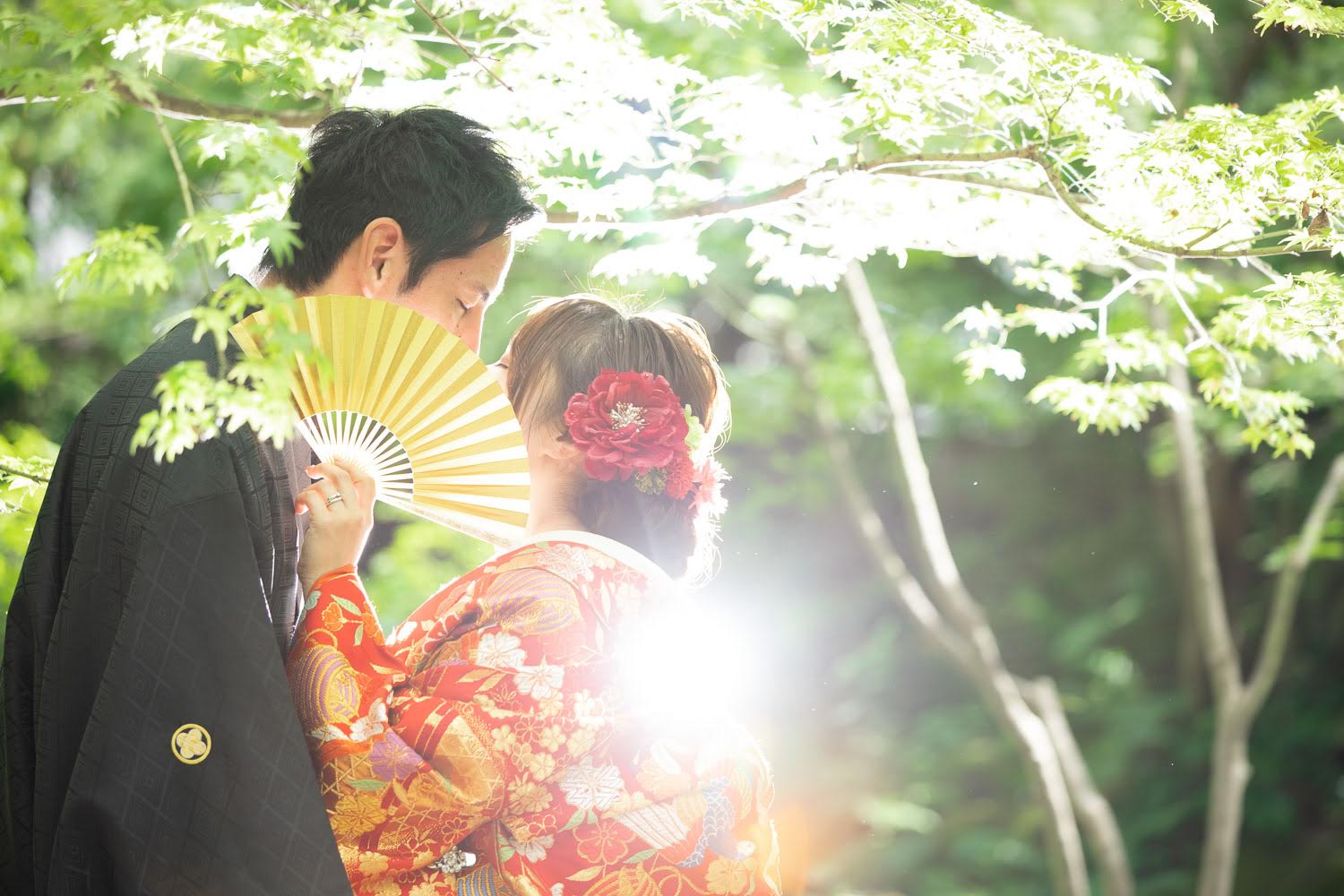 大濠公園日本庭園 和装前撮り 色打掛 紋付袴 新緑 ロケーション撮影