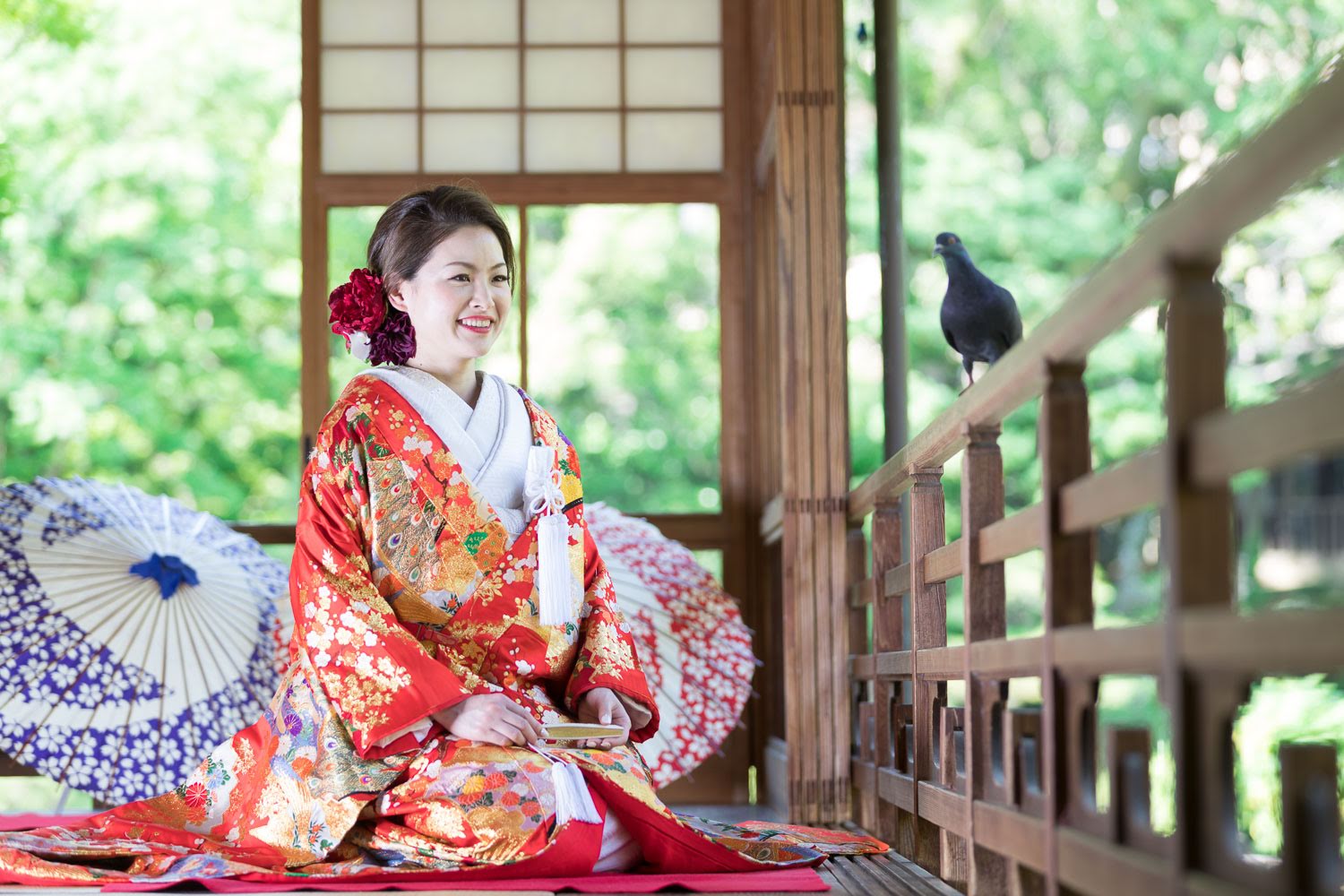 友泉亭公園 和装前撮り 色打掛 座りショット 日本庭園