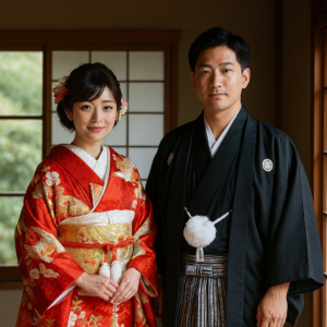 向かって左に新婦・右に新郎が並ぶ逆並びの和装姿。新婦は懐剣・筥迫・胴締め・落とし巾着・びらかんを正しく身につけ、自然光の和室で静かに立つ。