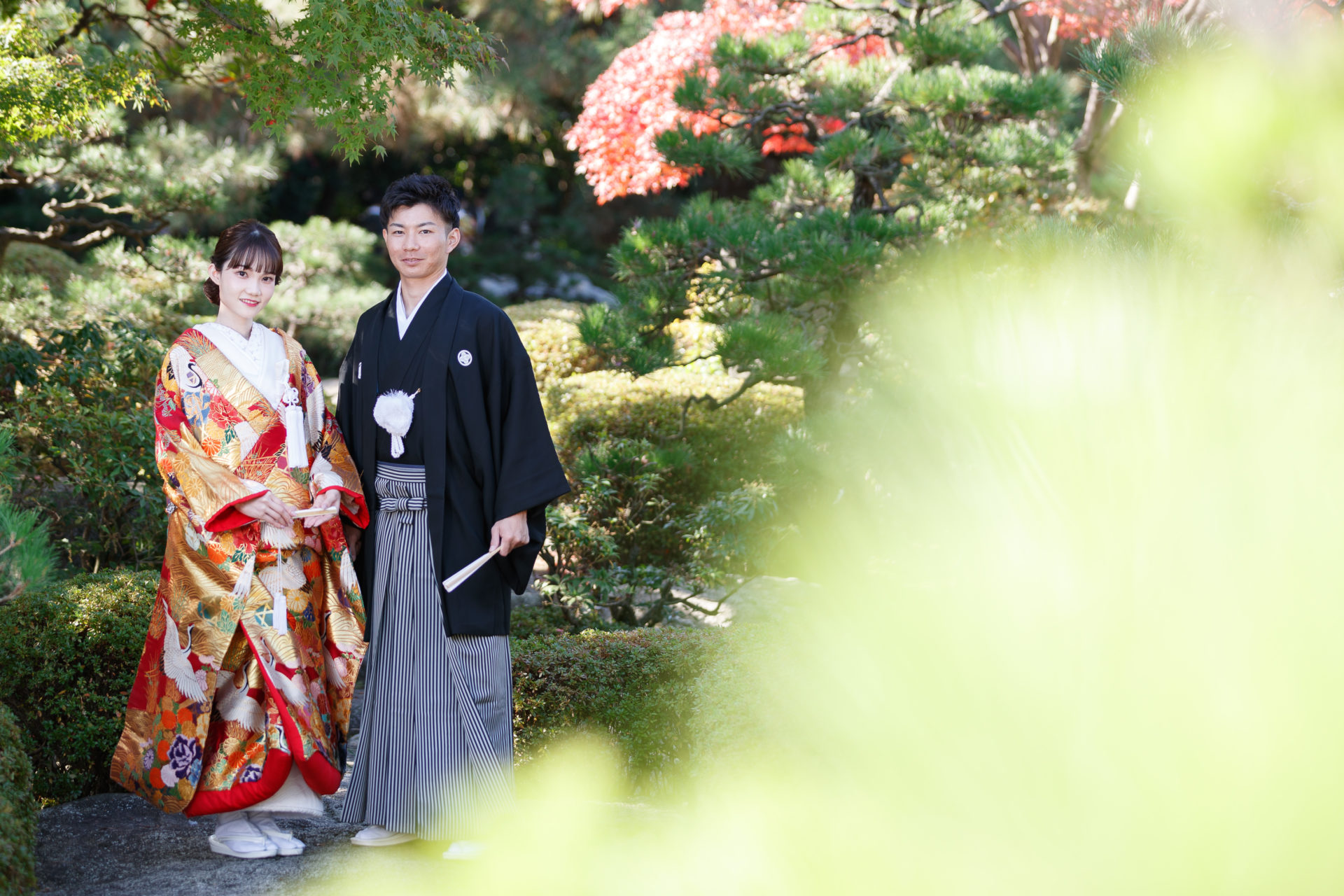 大濠公園日本庭園 和装前撮り ロケーション撮影 色打掛 紋付袴 福岡