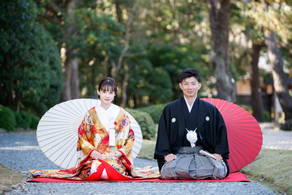 大濠公園日本庭園 和装前撮り 正座 色打掛 紋付袴 福岡フォトウェディング