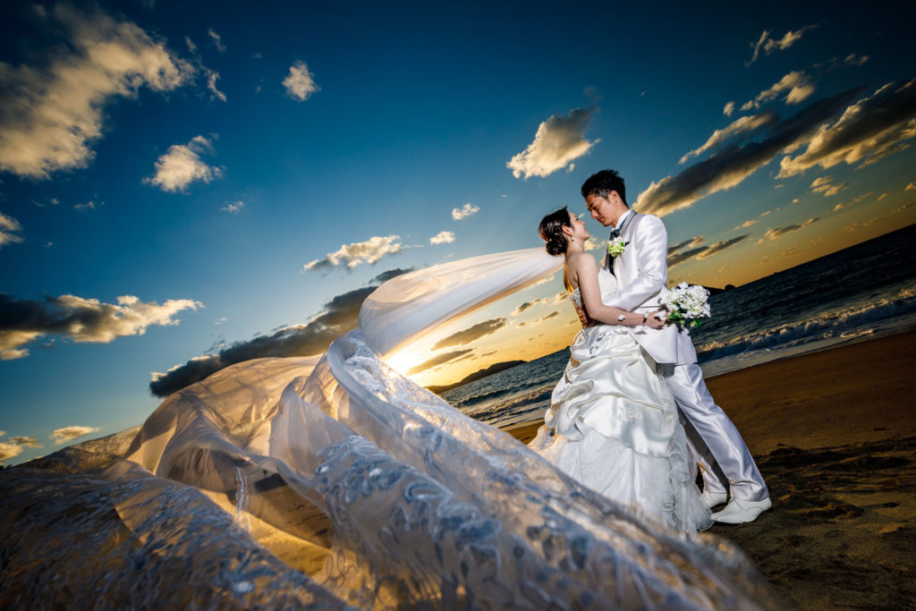 志賀島での海ロケーション前撮り 夕景フォトウェディング