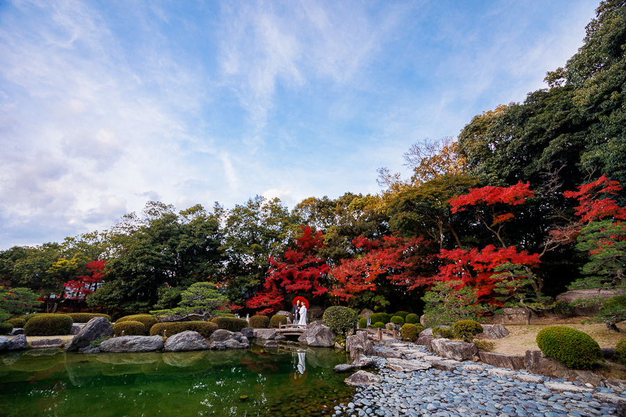 大濠公園日本庭園での和装前撮り 紅葉のロケーション