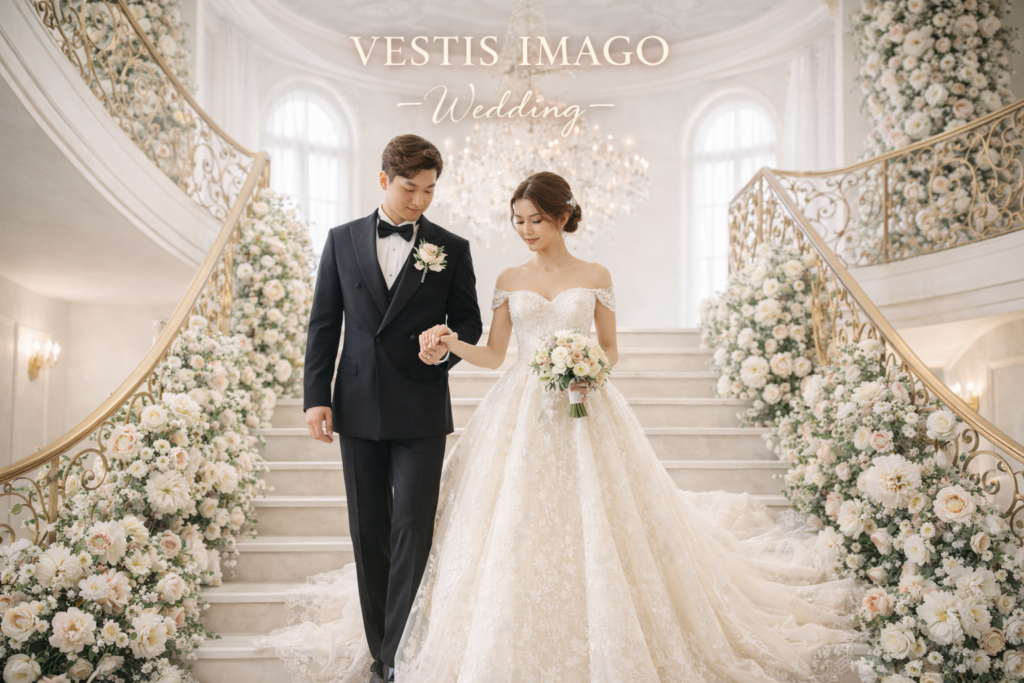 VESTIS IMAGO -Wedding- の作例:実写の表情と肌の質感を残したまま、ラグジュアリーな階段フラワースタジオ空間に自然に溶け込ませた新郎新婦のウェディングフォト