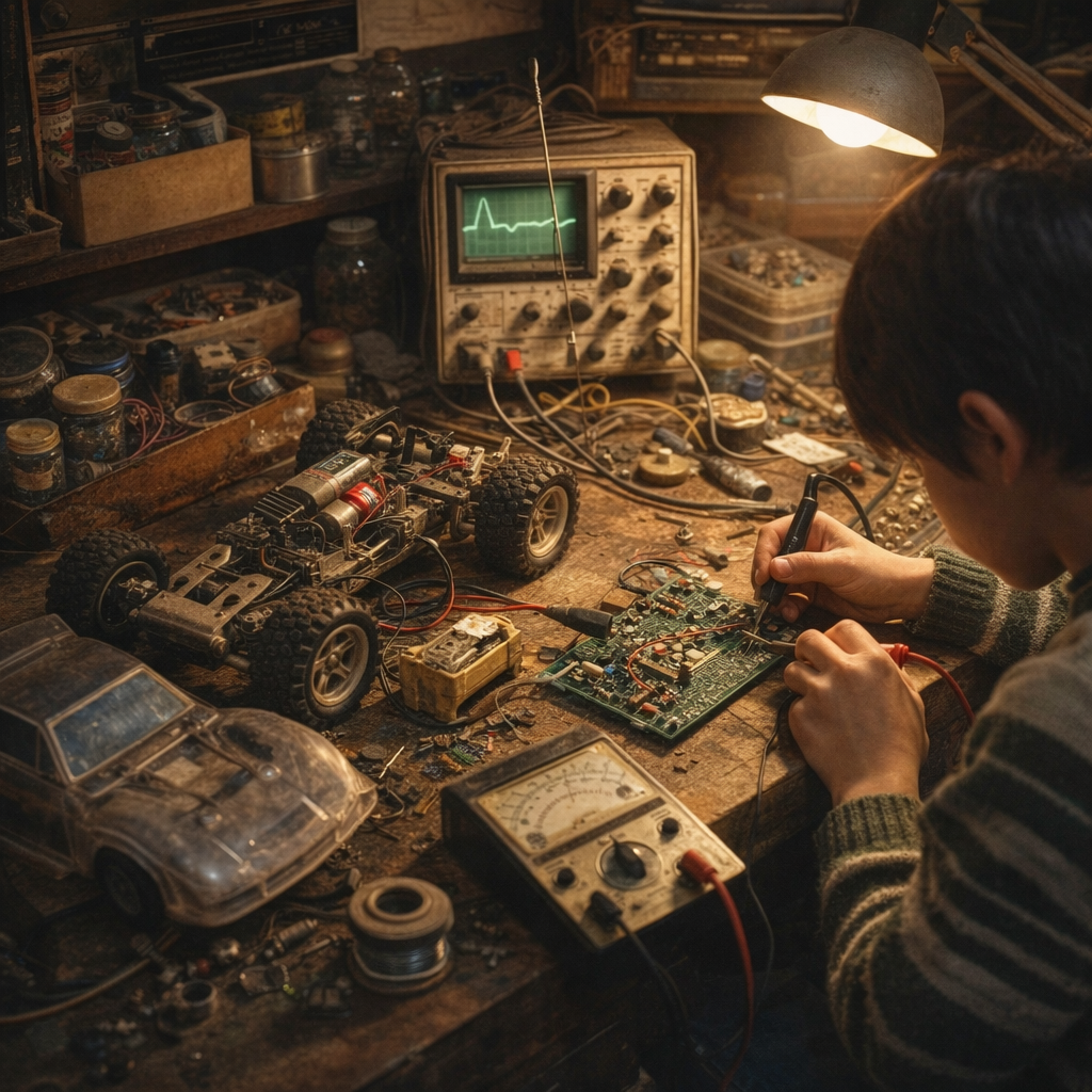 昭和の小林町の電子工作風景をイメージした生成AI画像。探究心の原点を象徴する作業机