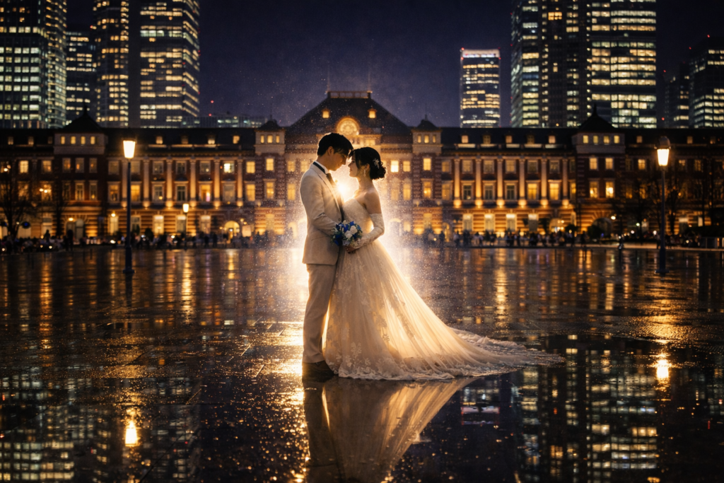 VESTIS IMAGO -Wedding- の作例:実写の質感を残したまま、東京駅丸の内の夜景と逆光のシルエットを自然に再構築し、濡れた路面の反射を活かしたウェディングフォト