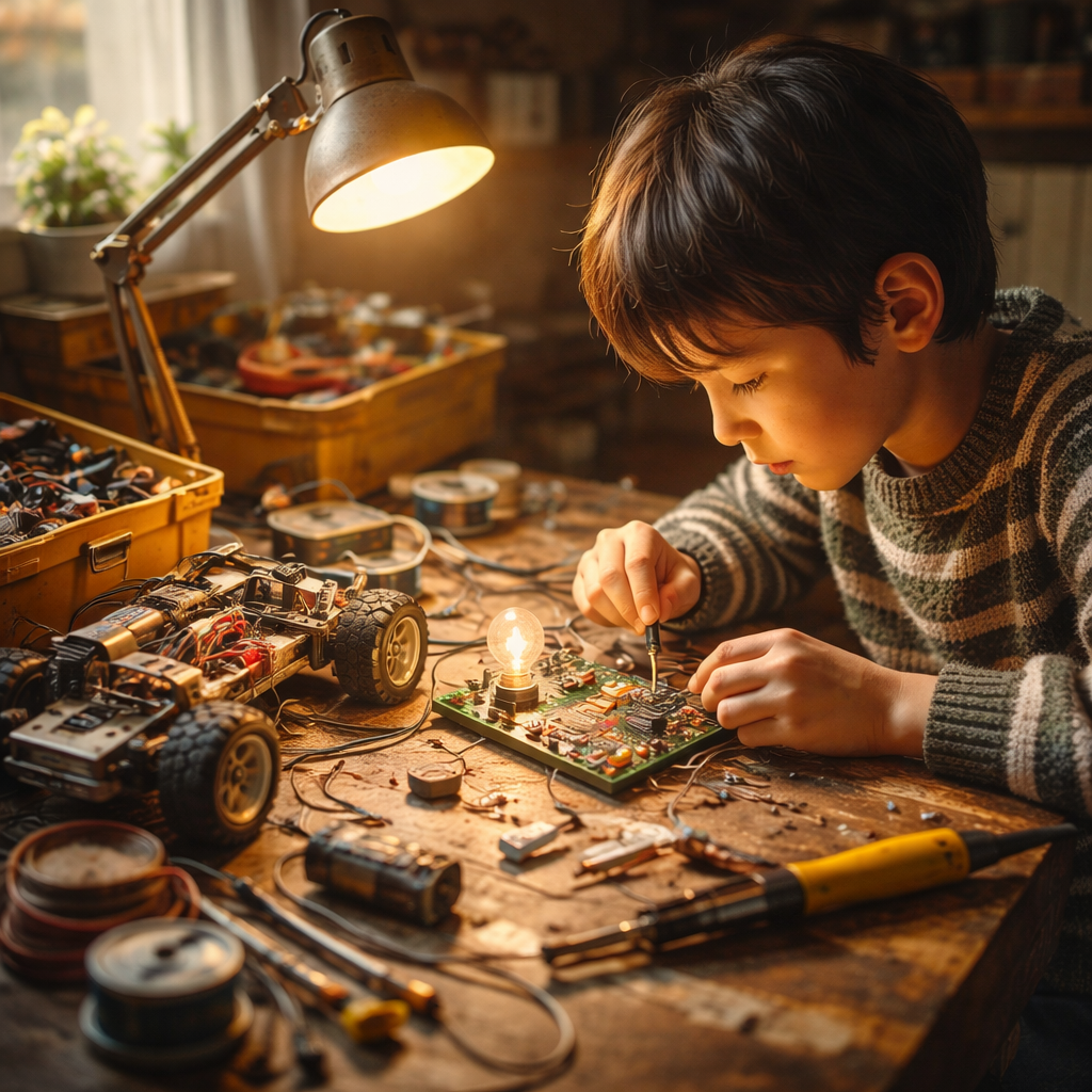 電子回路に向き合う少年をイメージした生成AI画像。ものづくりへの集中と情熱を象徴するシーン