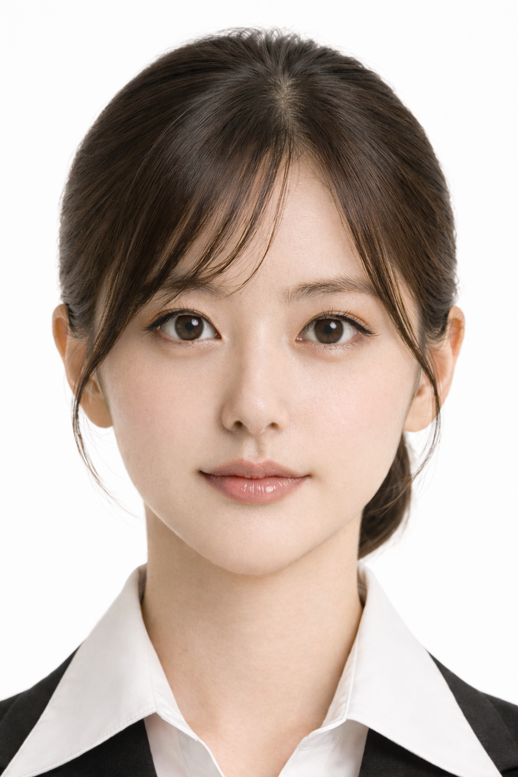 若い日本人女性の証明写真。前髪を分けた黒髪を後ろでまとめ、黒のジャケットと白シャツを着用。正面を向き、やわらかい表情で撮影された白背景のビジネスポートレート。