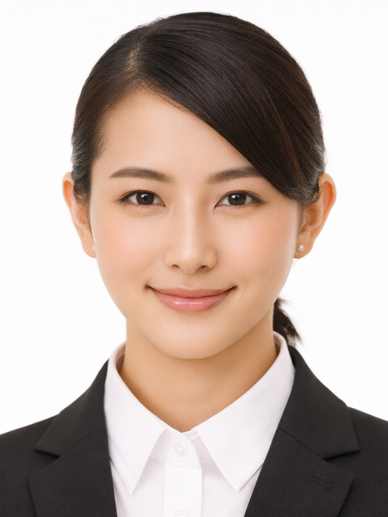 履歴書用証明写真の仕上がり見本。正面から撮影された顔写真