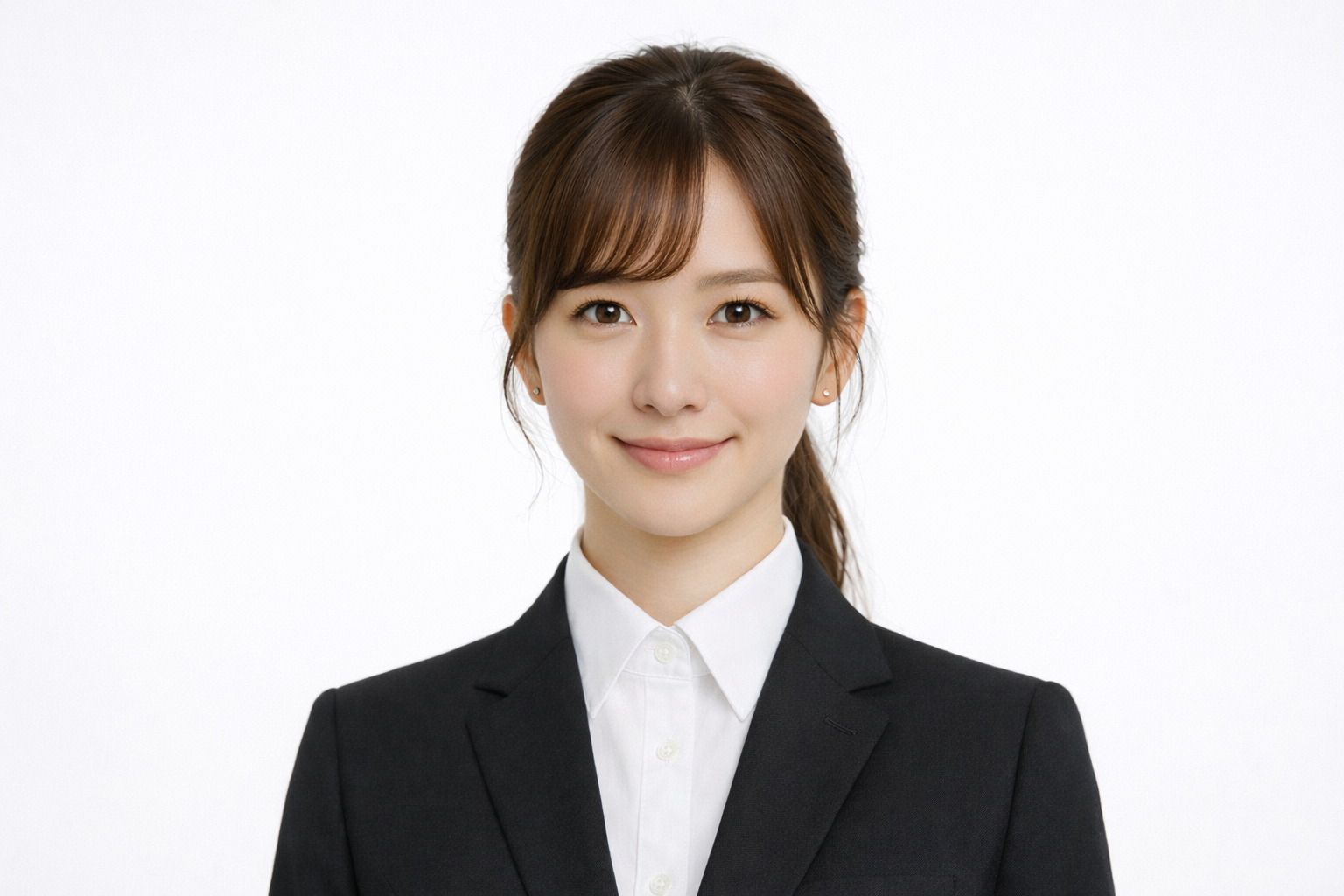 就活用スーツを着た女性の証明写真。白背景で正面を向いて微笑んでいる。