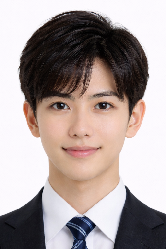 若い日本人男性の証明写真。黒髪で前髪を自然に下ろし、就活スーツに白シャツとストライプネクタイを着用。正面を向き、落ち着いた表情で撮影された白背景のビジネスポートレート。