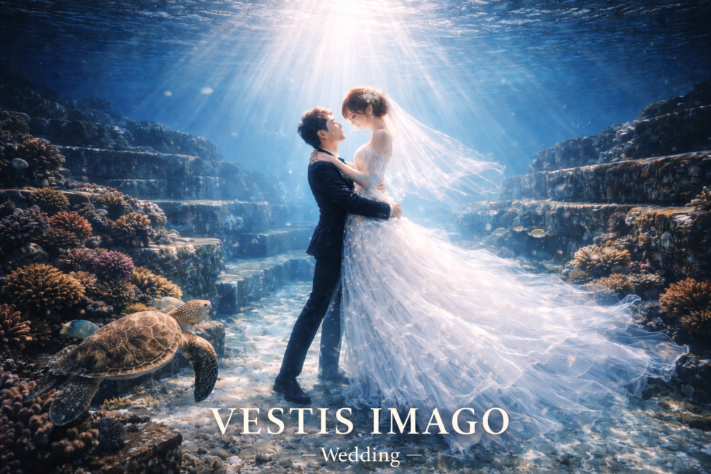 海中で抱き合う新郎新婦のウェディングフォト VESTIS IMAGO -Wedding-