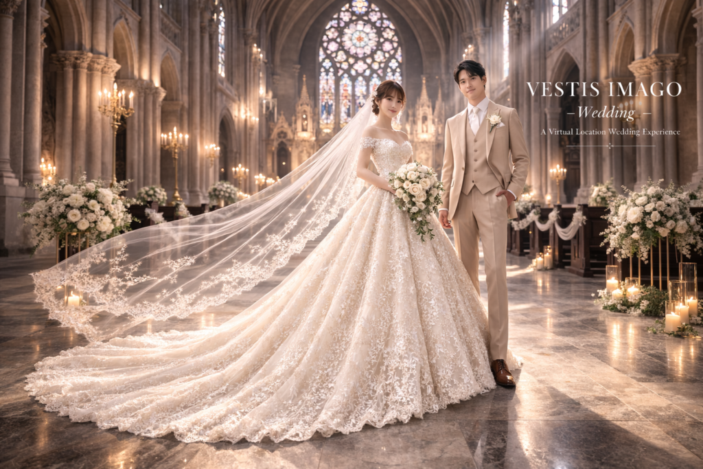 福岡前撮り VESTIS IMAGO -Wedding- 星空のナイトロケーションで撮影されたAIウェディングフォトのロングベールドレス新郎新婦