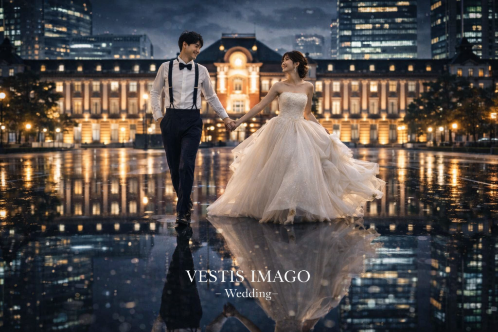 福岡前撮りで東京駅前撮りのようなナイトロケーション撮影を実現するVESTIS IMAGO -Wedding-のAIウェディングフォト新郎新婦