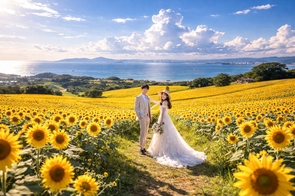 福岡 前撮り｜ひまわり畑と海を背景にしたフォトウェディング VESTIS IMAGO -Wedding-