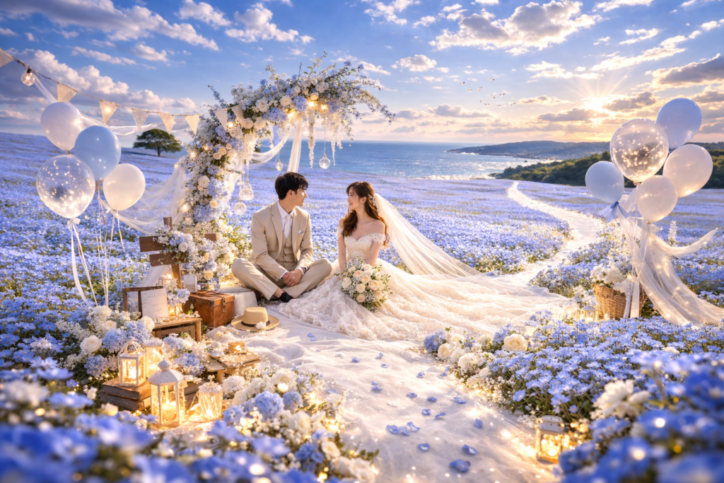 海の中道海浜公園 ネモフィラ 前撮り｜福岡フォトウェディング VESTIS IMAGO -Wedding-