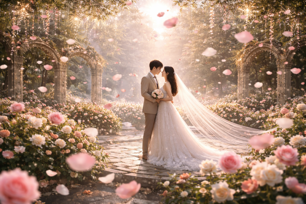 花びら舞うガーデンで見つめ合う新郎新婦のウェディングフォト VESTIS IMAGO -Wedding-