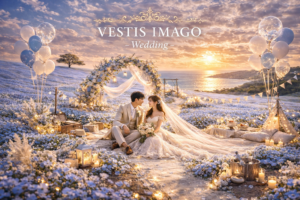 ネモフィラの丘と海の夕日を背景にした実写×生成AIのフォトウェディング VESTIS IMAGO -Wedding-