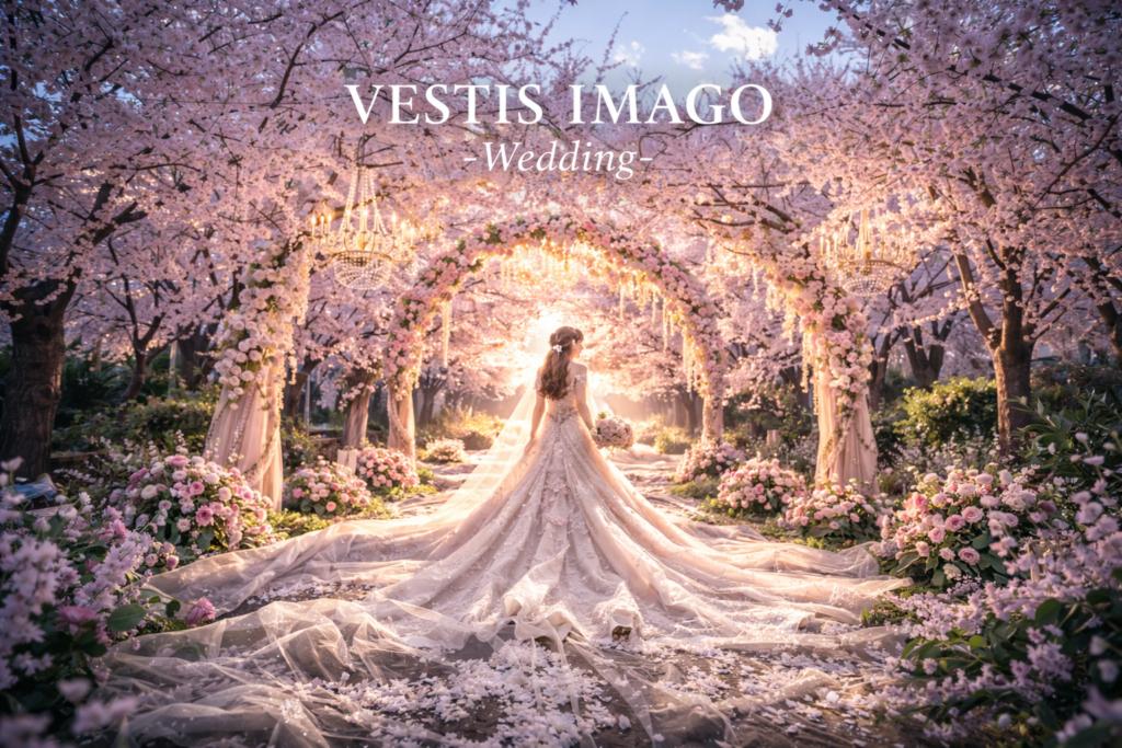 桜並木のウェディングアーチとロングトレーンのウェディングフォト VESTIS IMAGO -Wedding-