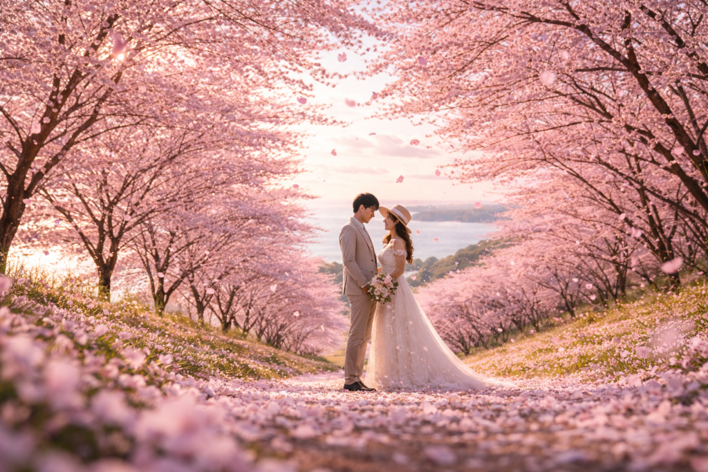 福岡前撮りで桜並木前撮りを再現するVESTIS IMAGO -Wedding-のAIウェディングフォト 春の桜ロケーションの新郎新婦