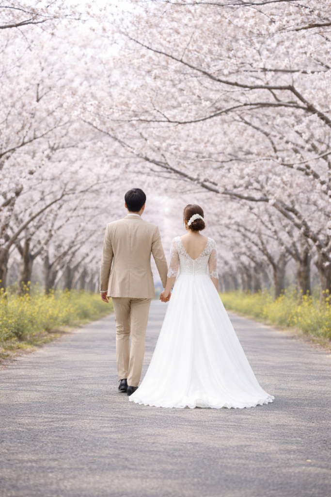 大刀洗町の桜並木で満開のソメイヨシノに囲まれたアスファルトの道路を歩く新郎新婦の後ろ姿の前撮り写真