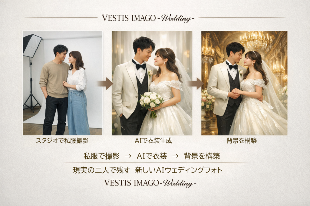VESTIS IMAGO Wedding AIウェディングフォト 私服撮影から衣装生成と背景構築までの流れ