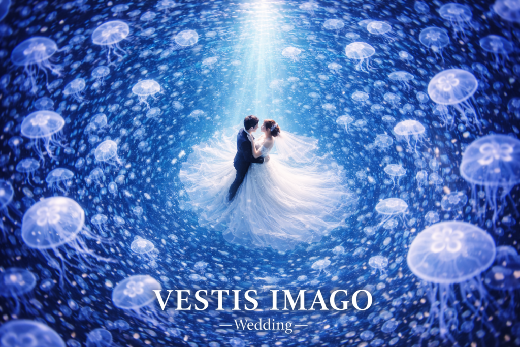 クラゲに囲まれてドレスが広がるVESTIS IMAGO -Wedding- 水中ウェディングフォト