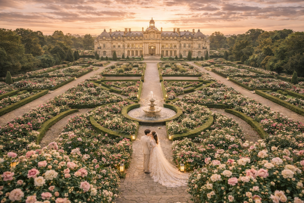 英国ローズガーデンの宮殿庭園とシンメトリーガーデンのウェディングフォト VESTIS IMAGO -Wedding-