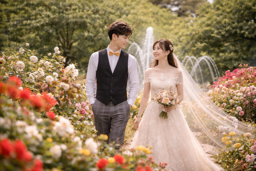 ローズガーデンの小道を歩く新郎新婦のウェディングフォト VESTIS IMAGO -Wedding-