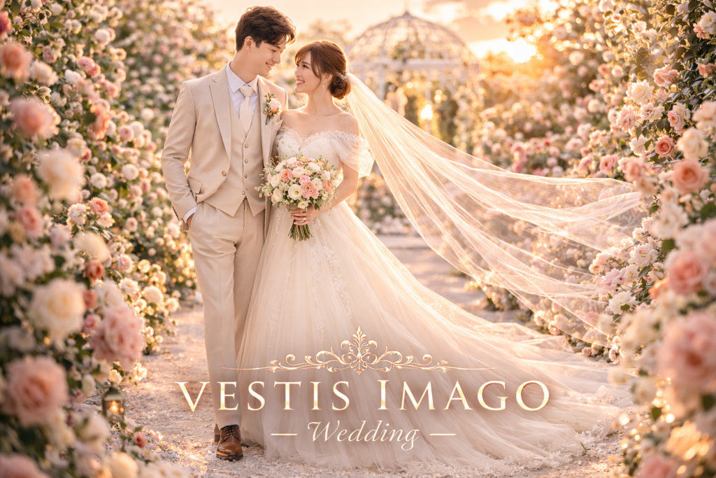 英国ローズガーデンのバラに囲まれたガーデンで見つめ合う新郎新婦のウェディングフォト VESTIS IMAGO -Wedding-
