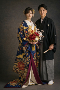 和室で撮影された和装前撮りの新郎新婦の並び写真